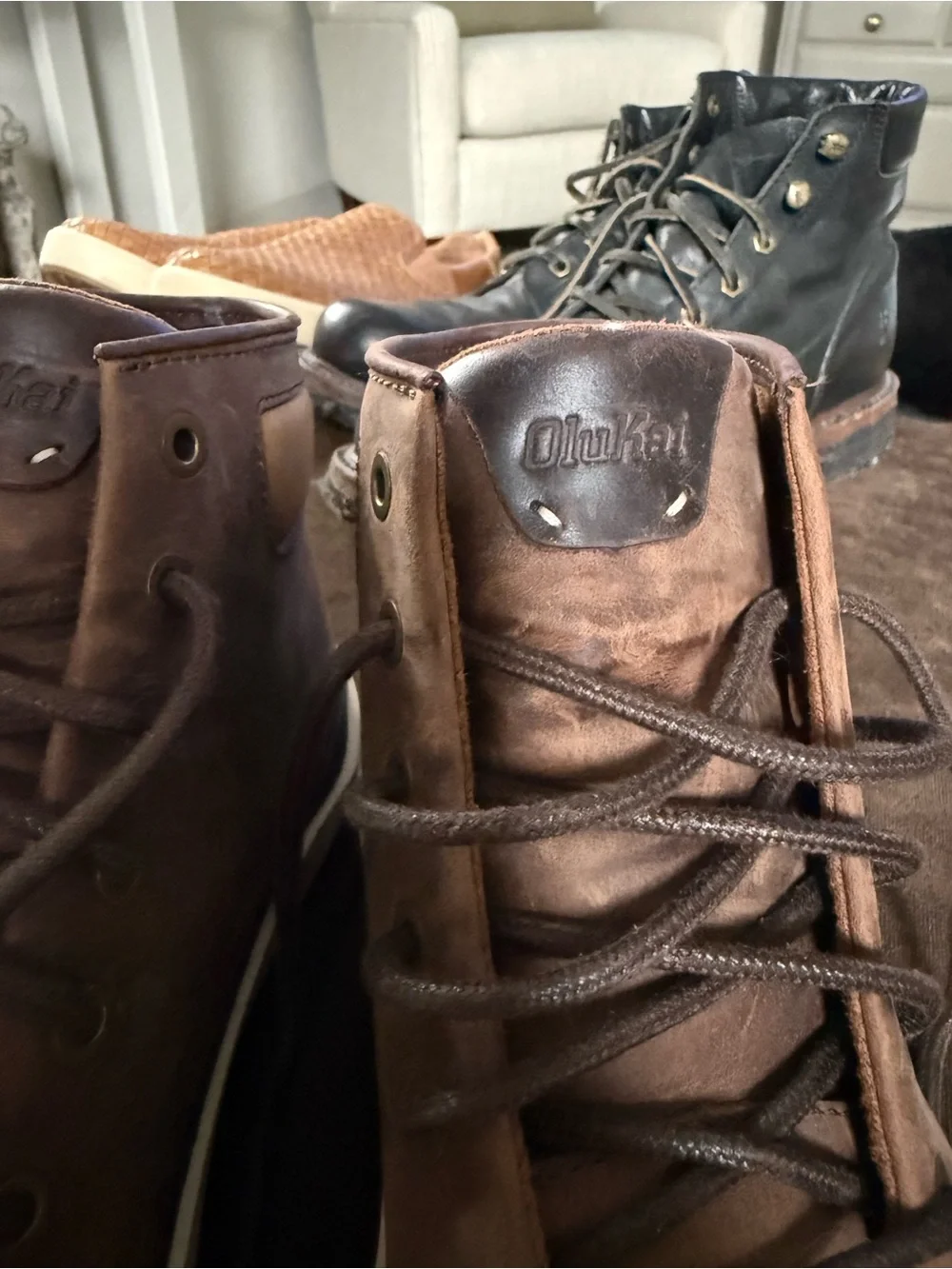 OluKai Men's Brown Leather Chukka Boots with Tan Accent